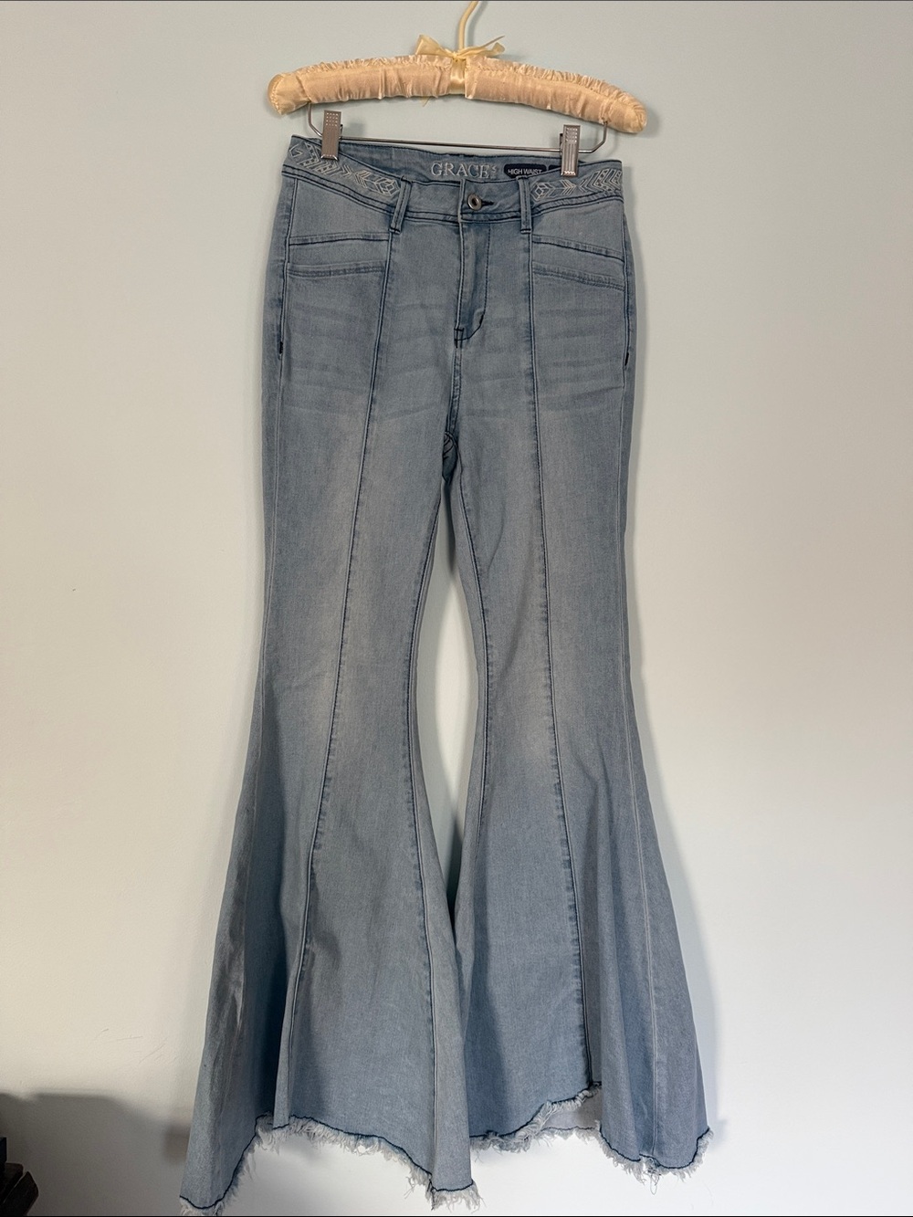 Grace in LA Light Blue High-Rise Flare Jeans with Frayed Hem